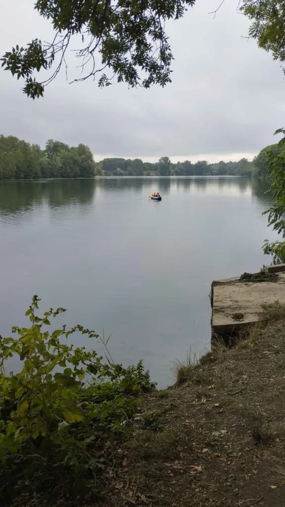 A calm lake lined with trees, a kayak in the distance, under an overcast sky.